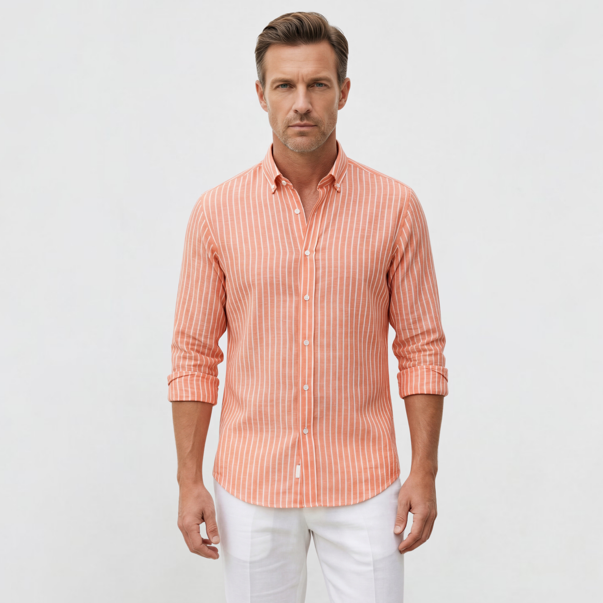 Turuncu Çizgili %100 Pamuk Düğmeli Yaka Cepsiz Casual Gömlek