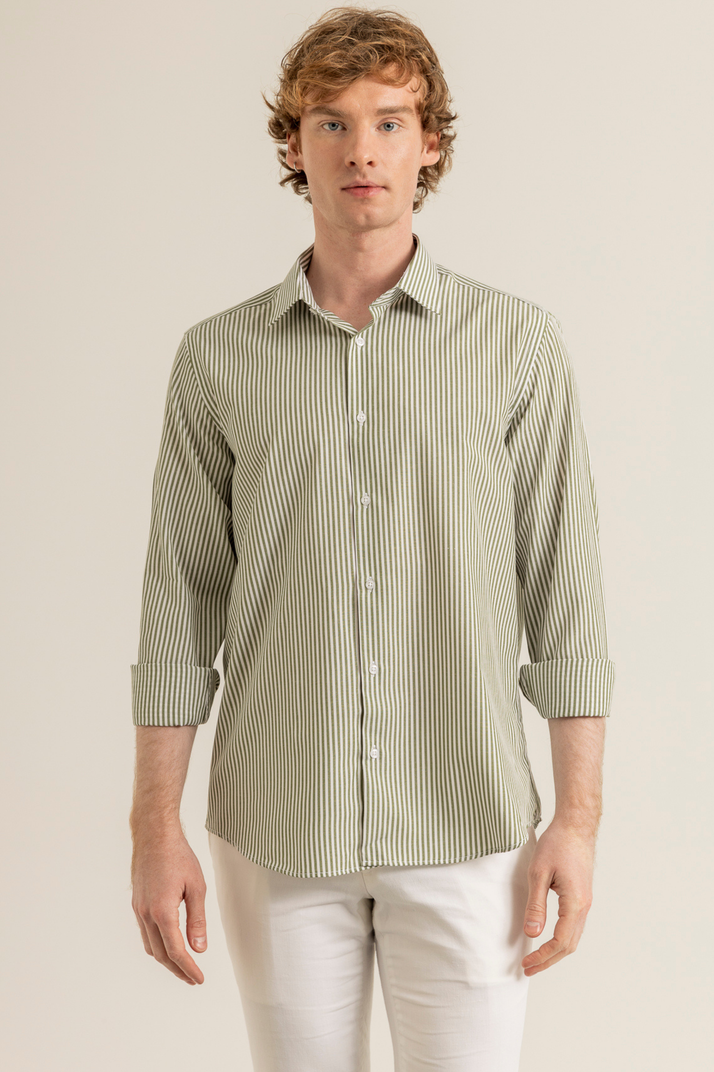 Oil Green Striped Cotton Polyester Easy Iron Casual Pocketless Modern Fit Shirt