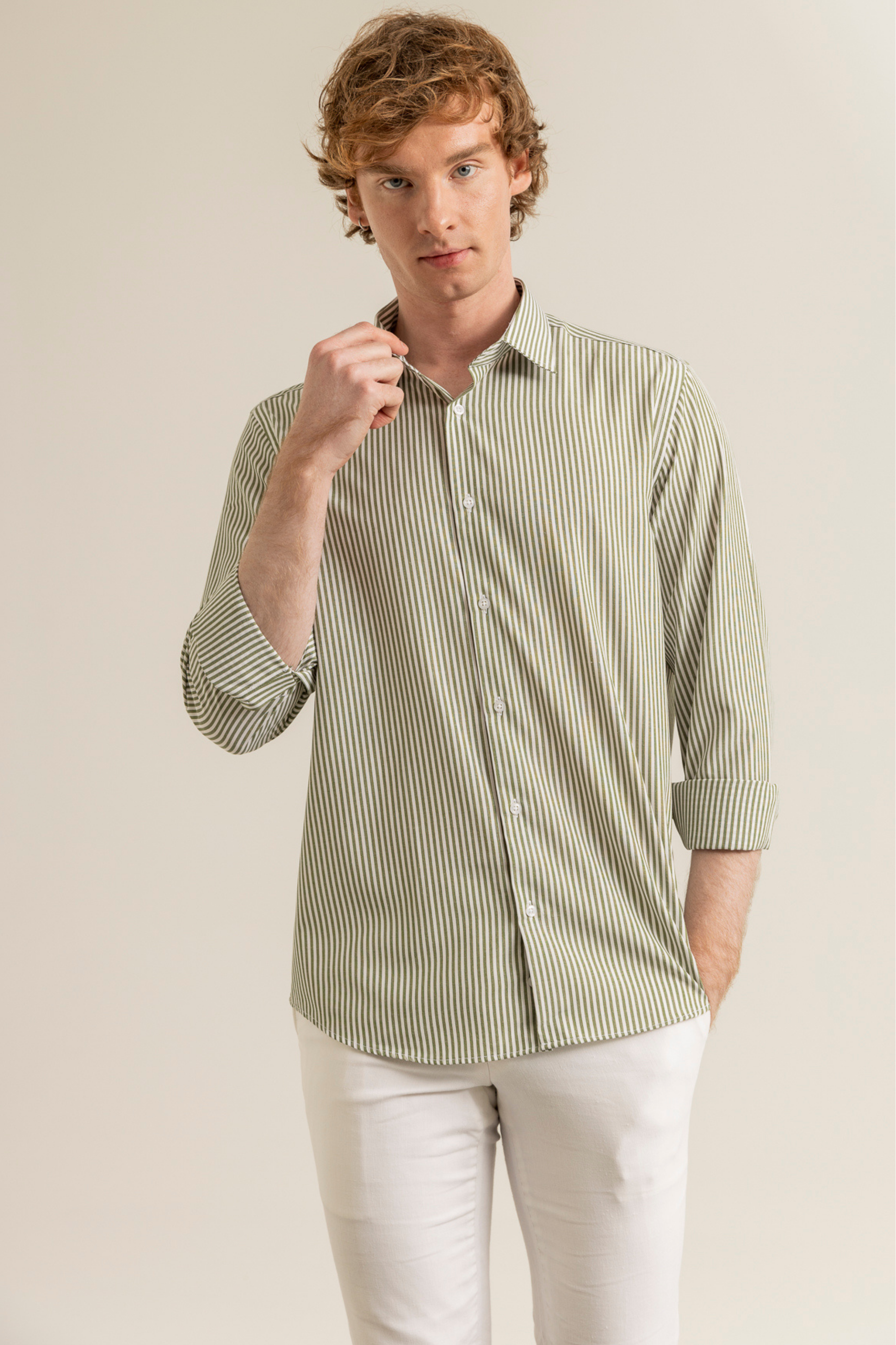Oil Green Striped Cotton Polyester Easy Iron Casual Pocketless Modern Fit Shirt
