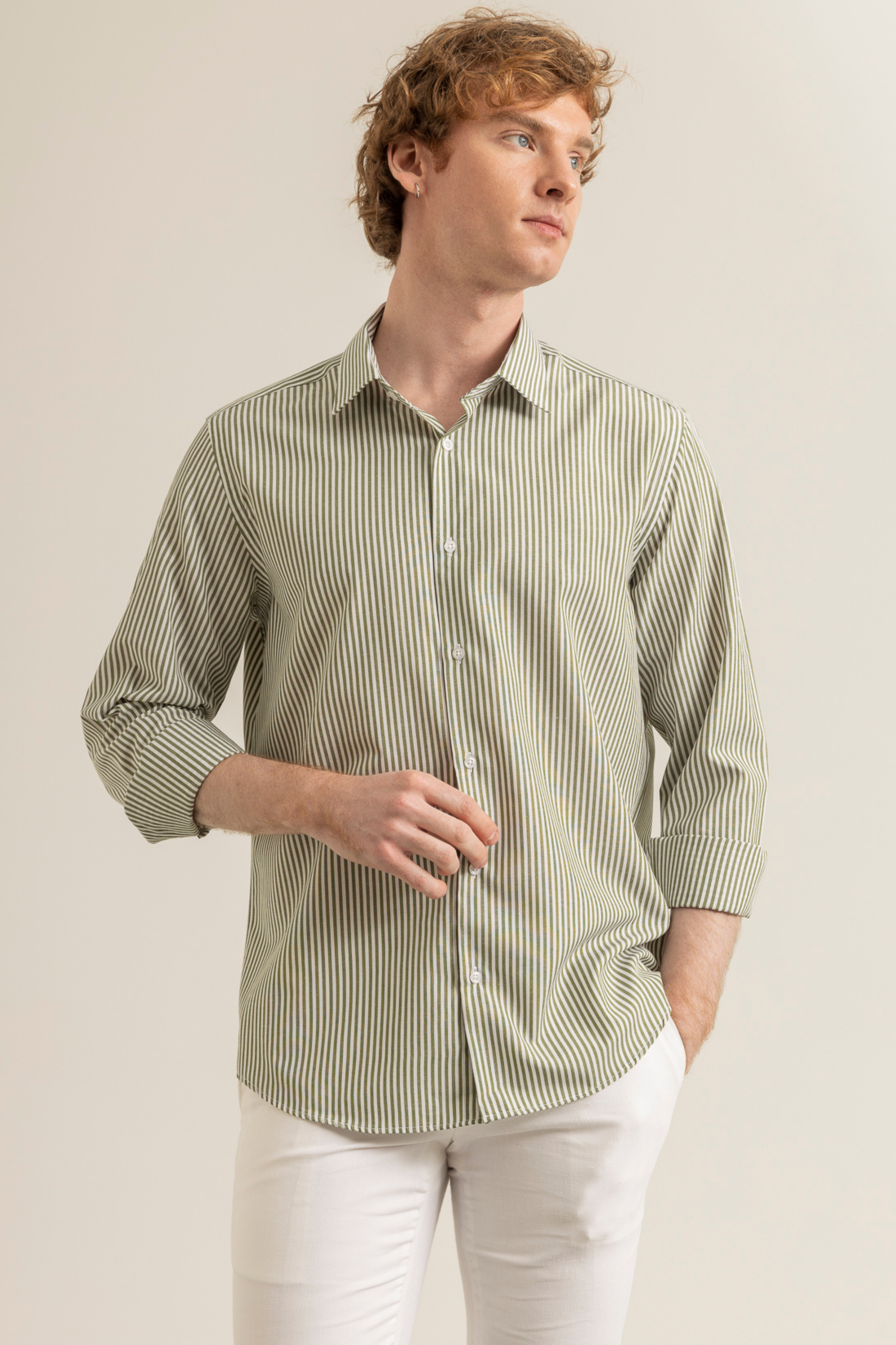 Oil Green Striped Cotton Polyester Easy Iron Casual Pocketless Modern Fit Shirt