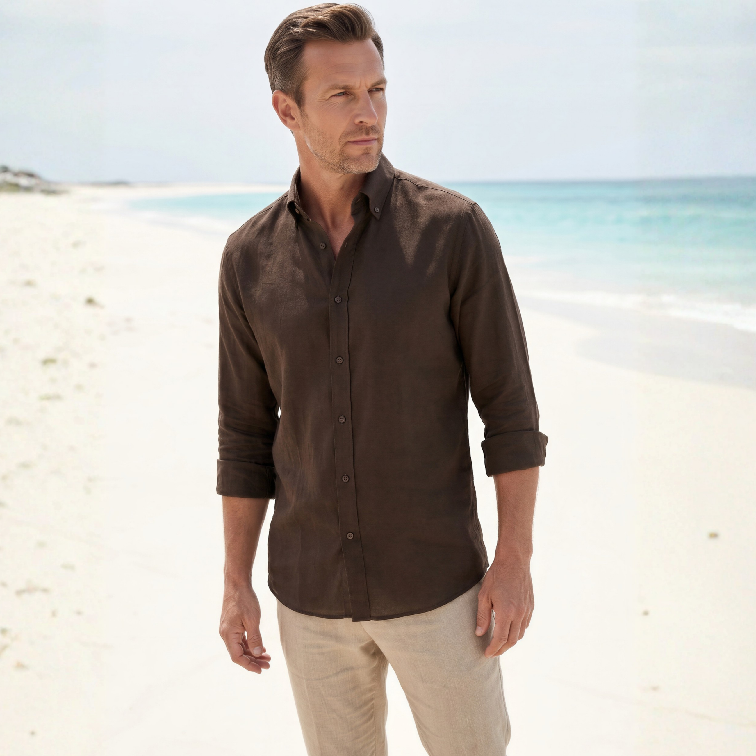 Kahverengi %100 Keten Düğmeli Yaka Casual Modern Fit Cepsiz Gömlek