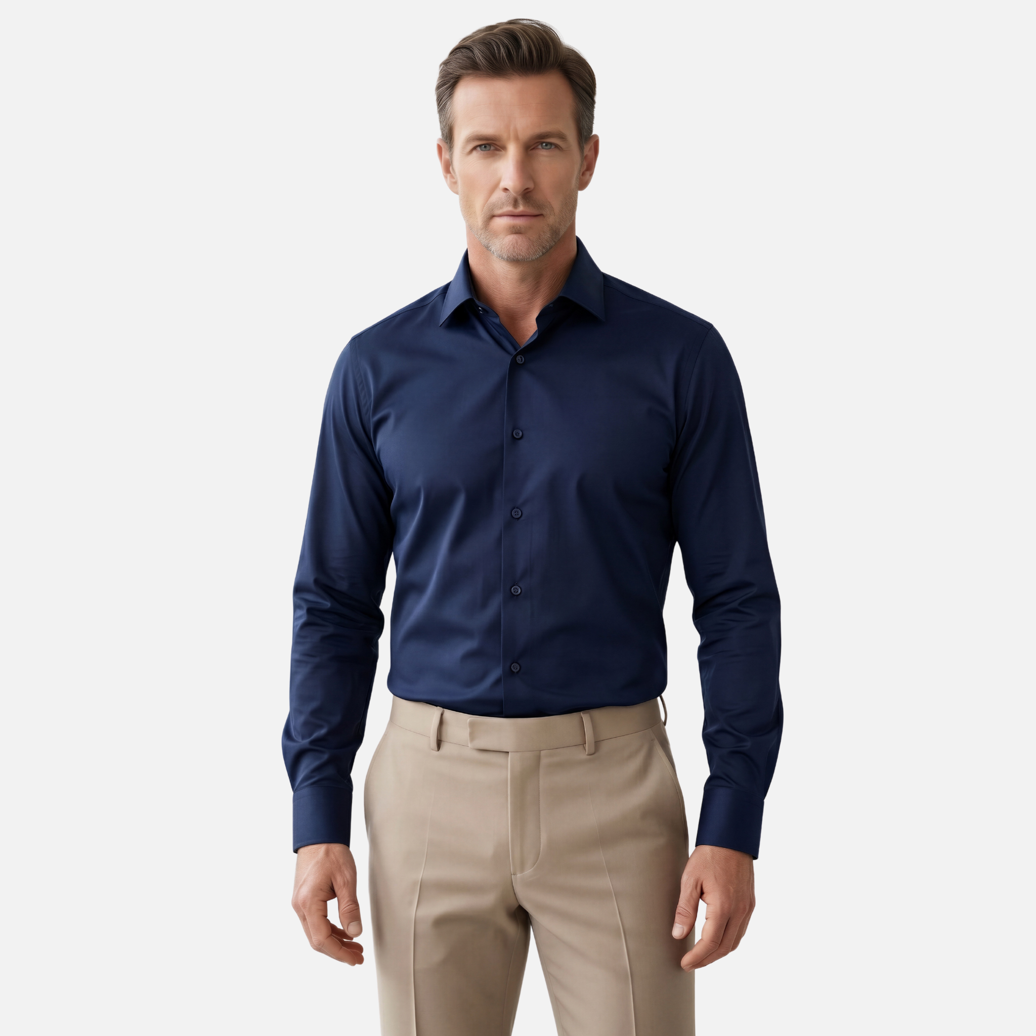 Lacivert Pamuk Saten Non-Iron Ütü Istemeyen Casual Cepsiz Fit Gömlek