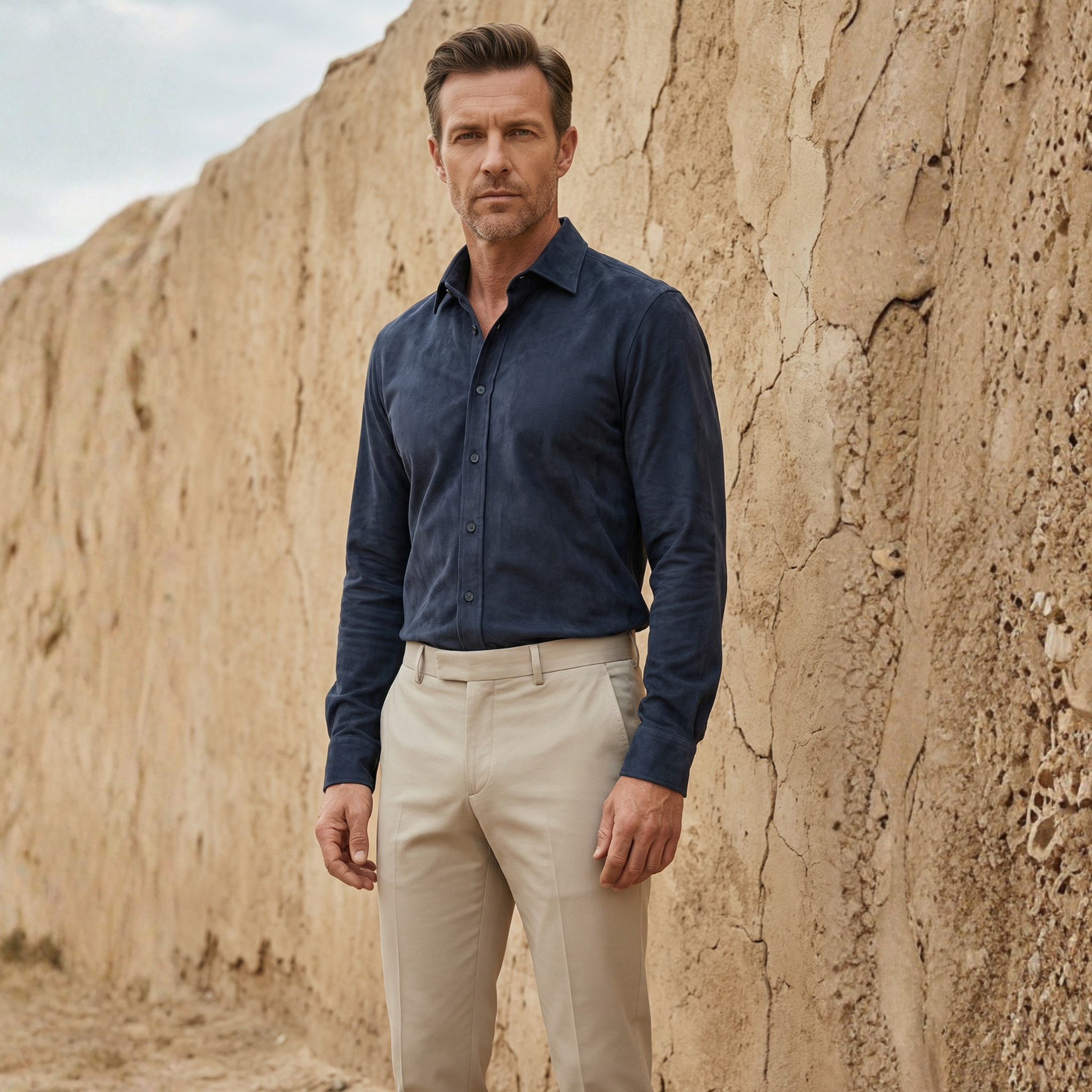 Lacivert Süet Cepsiz Slim Fit Casual Gömlek