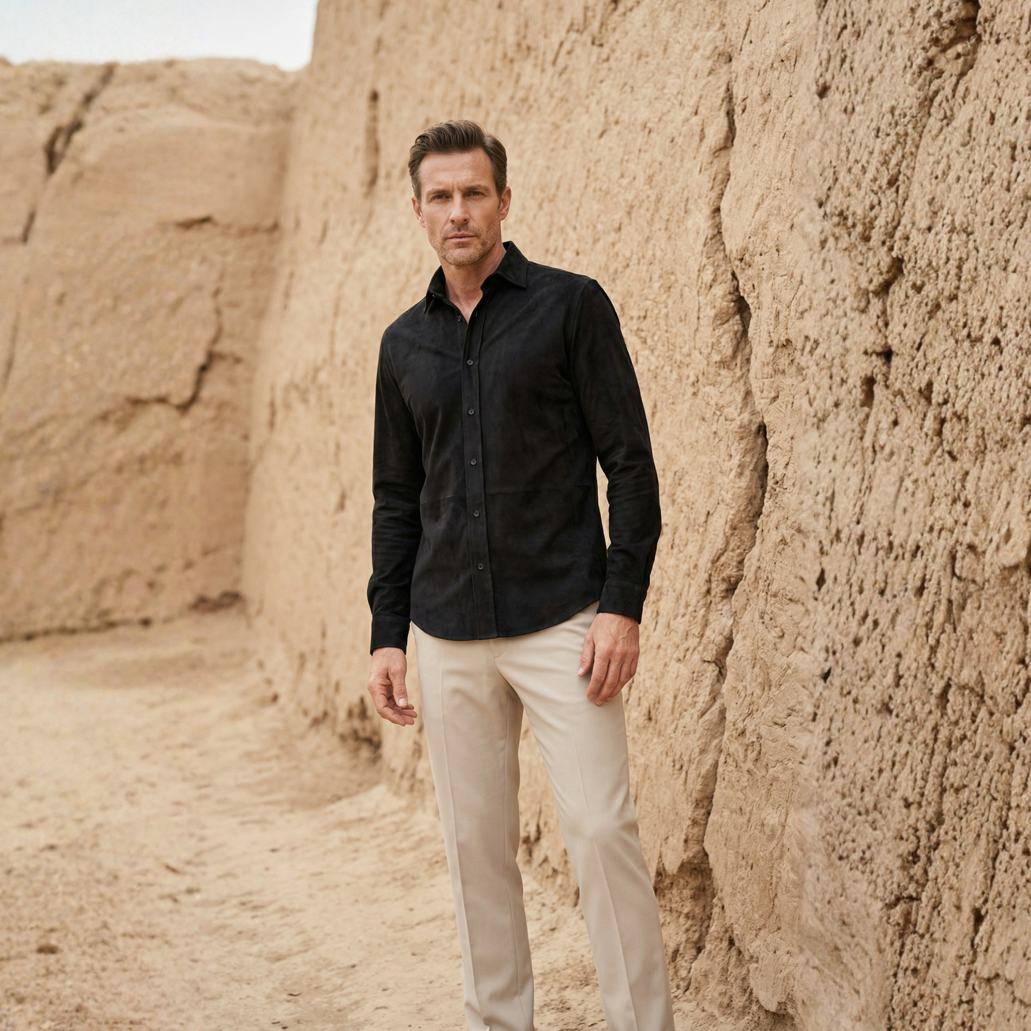 Siyah Süet Cepsiz Slim Fit Casual Gömlek