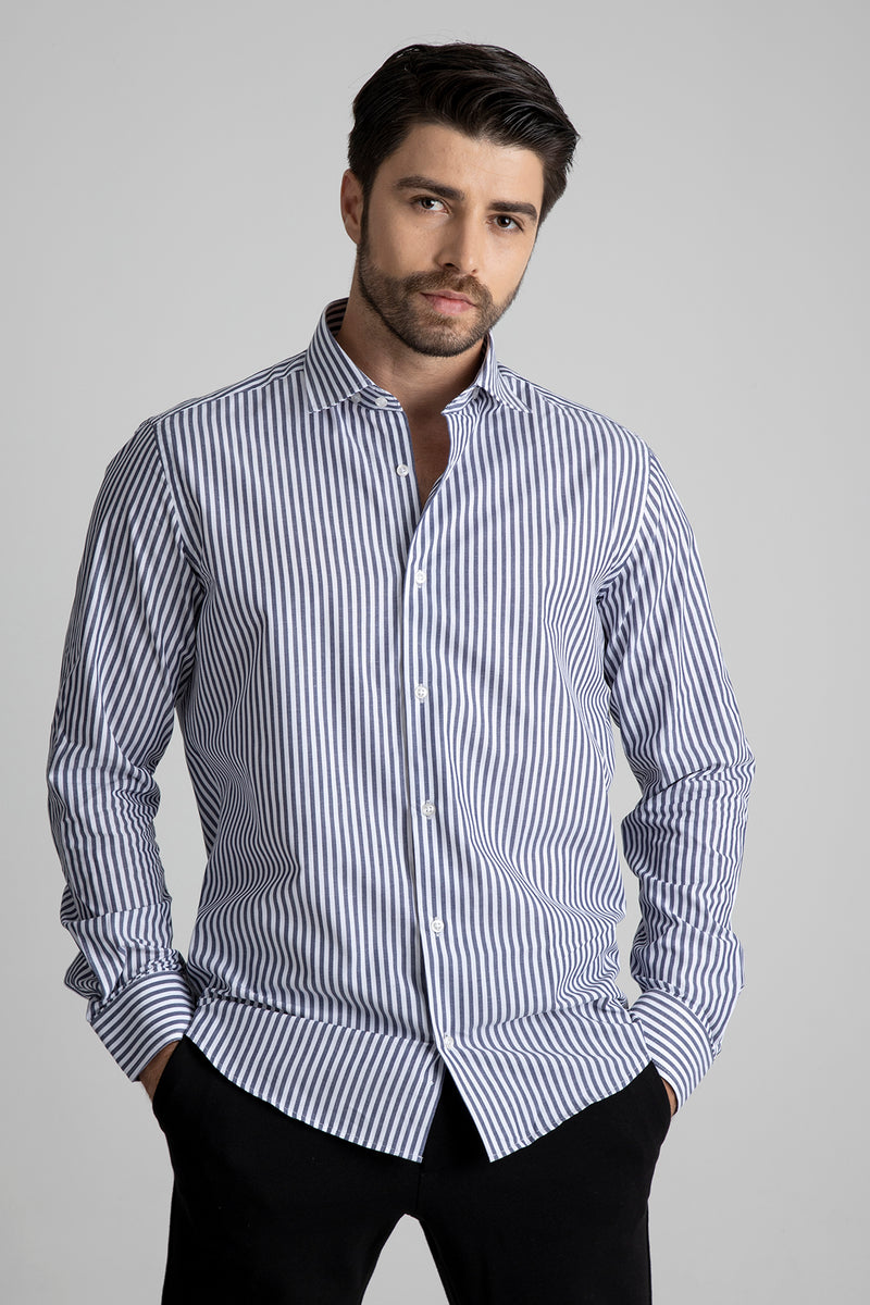 Siyah Çizgili Pamuk Polyester Kolay Ütülenebilir Casual Cepsiz Modern Fit Gömlek