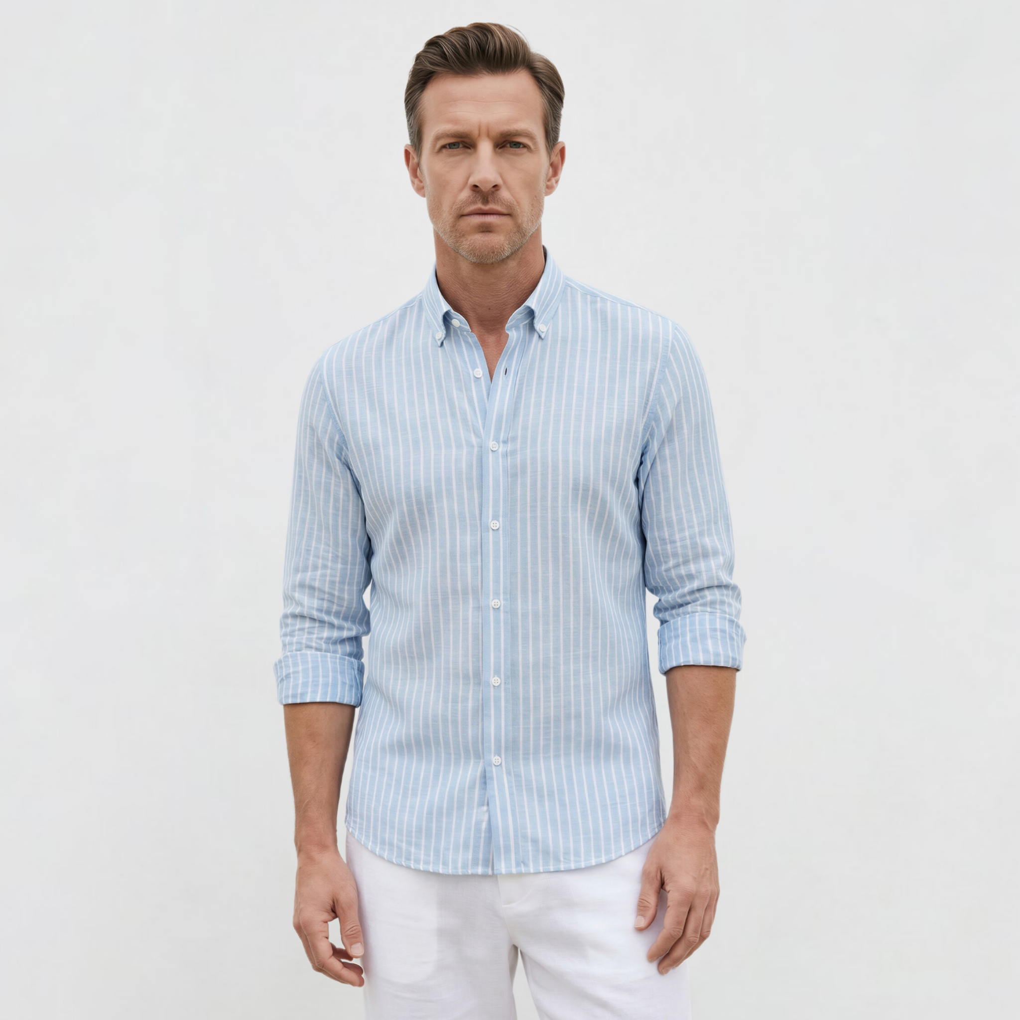 Bebek Mavisi Çizgili %100 Pamuk Düğmeli Yaka Cepsiz Casual Gömlek