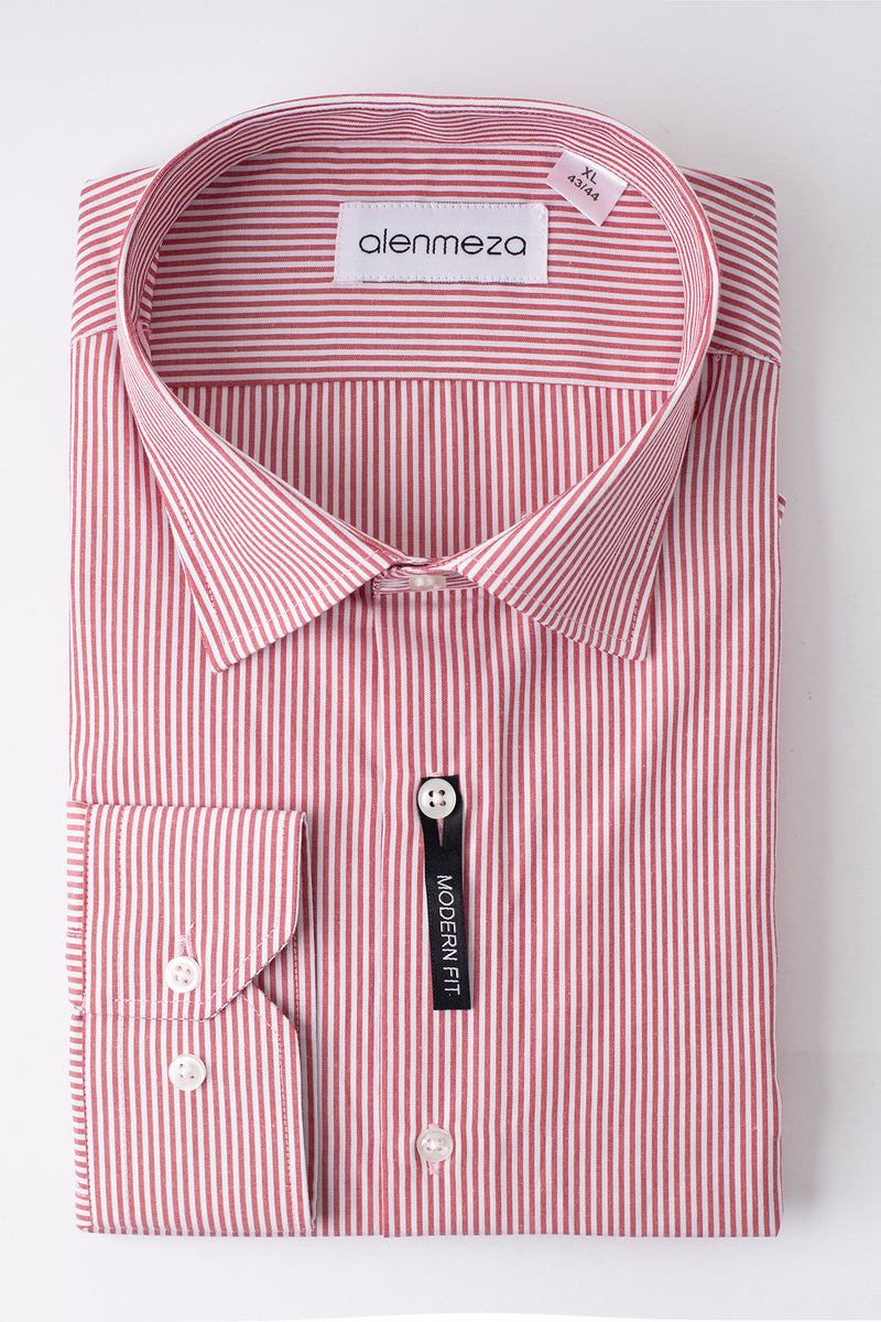 Kırmızı Çizgili Pamuk Polyester Kolay Ütülenebilir Casual Cepsiz Modern Fit Gömlek