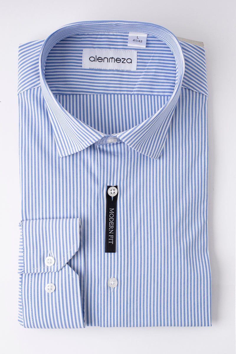 Mavi Çizgili Pamuk Polyester Kolay Ütülenebilir Casual Cepsiz Modern Fit Gömlek
