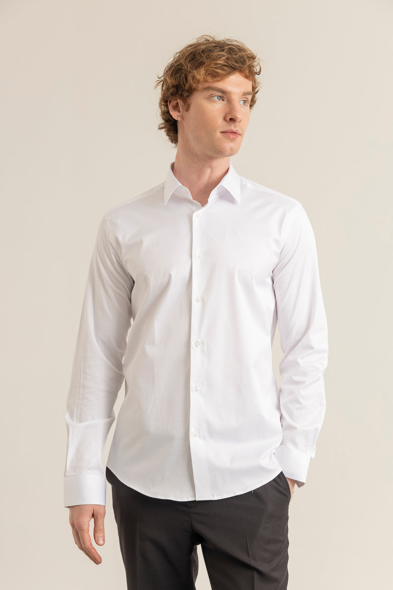 Beyaz %100 Pamuk Saten Non-Iron Ütü İstemeyen Casual Cepsiz Modern Fit Gömlek