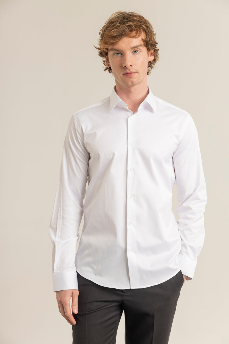 Beyaz %100 Pamuk Saten Non-Iron Ütü İstemeyen Casual Cepsiz Modern Fit Gömlek