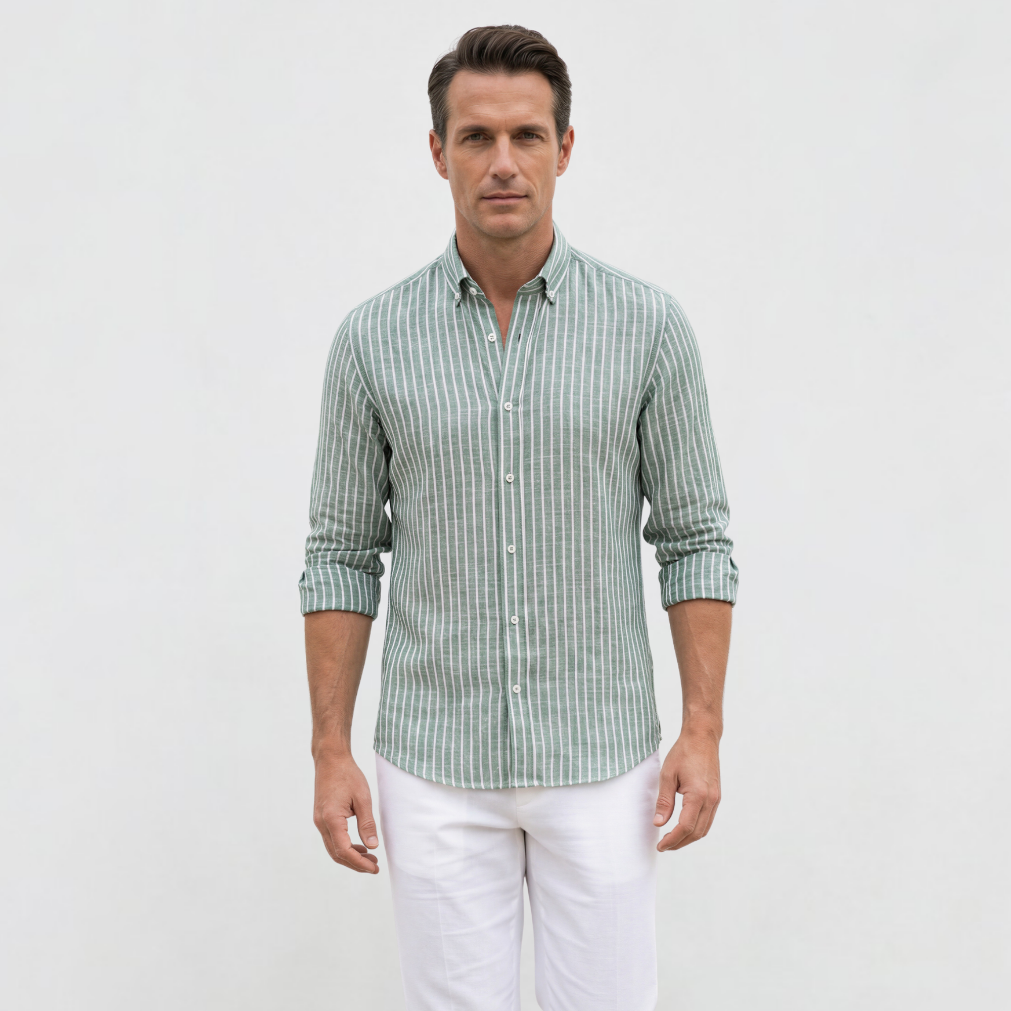 Zümrüt Yeşili Çizgili %100 Pamuk Düğmeli Yaka Cepsiz Casual Gömlek