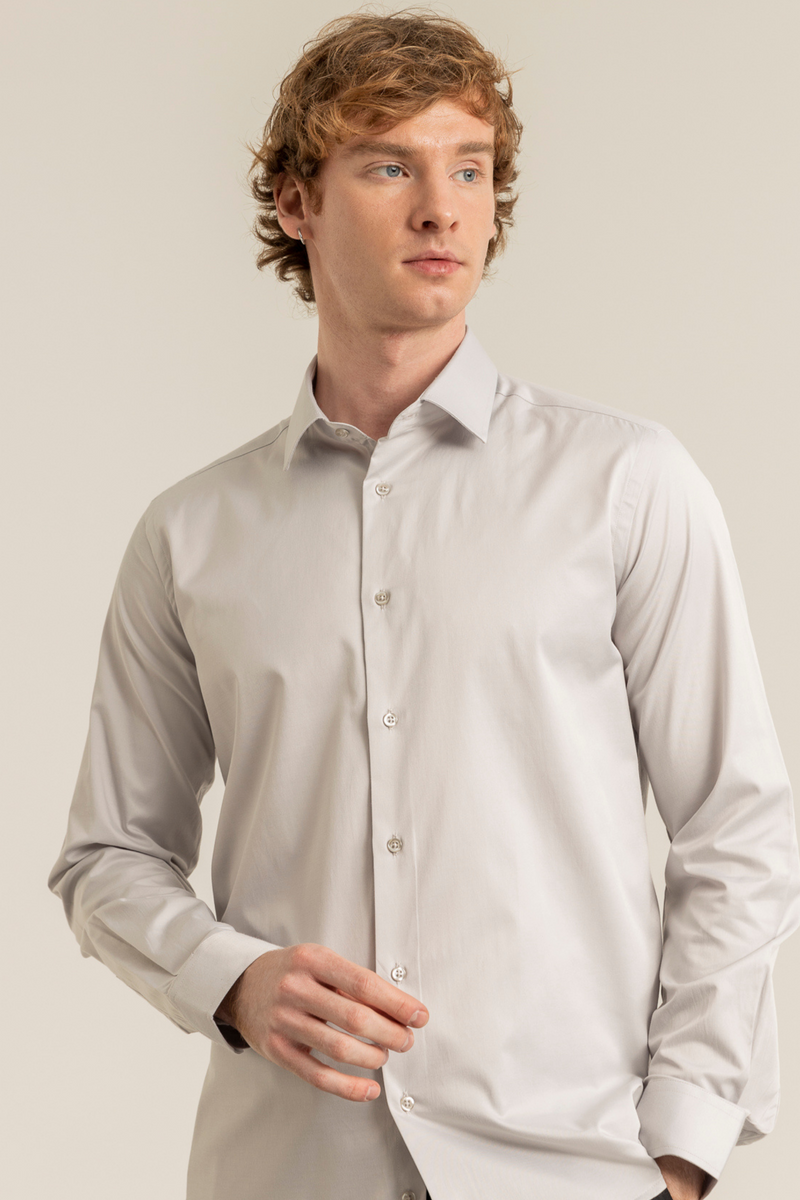 Açık Gri %100 Pamuk Saten Non-Iron Ütü İstemeyen Casual Cepsiz Modern Fit Gömlek