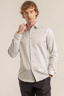 Açık Gri %100 Pamuk Saten Non-Iron Ütü İstemeyen Casual Cepsiz Modern Fit Gömlek