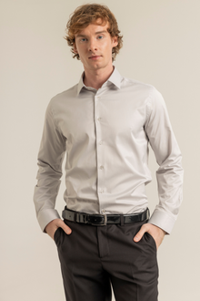 Açık Gri %100 Pamuk Saten Non-Iron Ütü İstemeyen Casual Cepsiz Modern Fit Gömlek