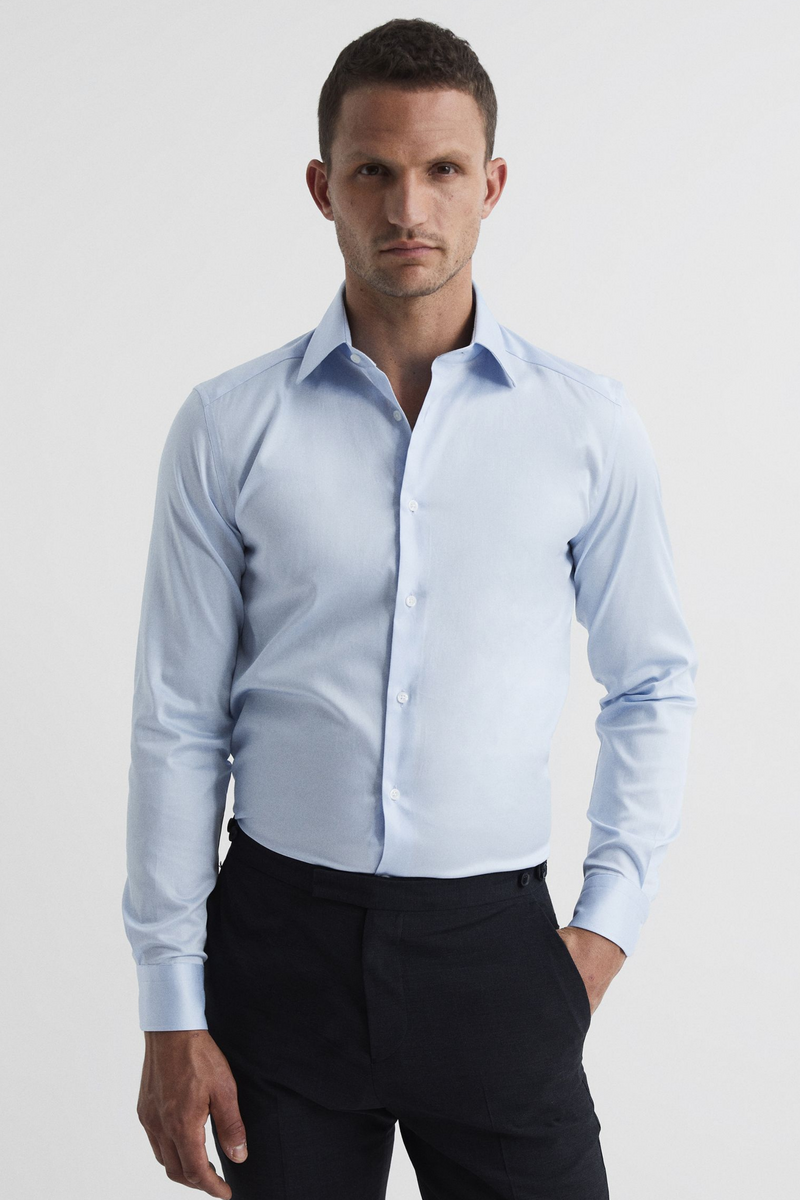 Bebek Mavisi %100 Pamuk Saten Non-Iron Ütü İstemeyen Casual Cepsiz Modern Fit Gömlek