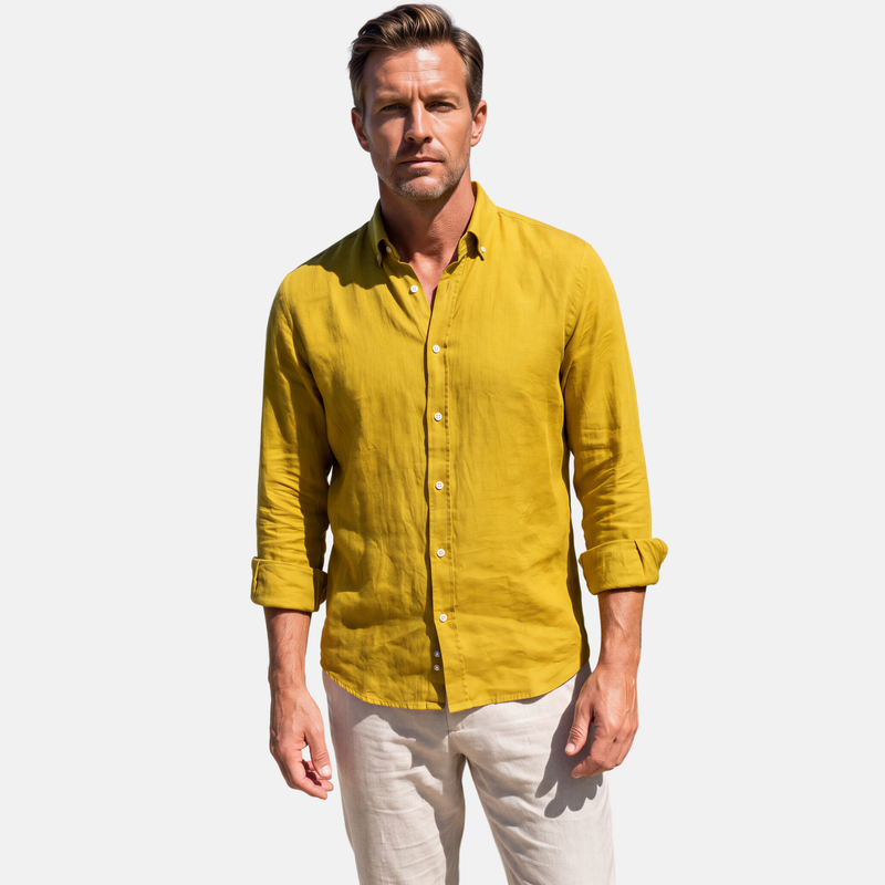 Asit Sarısı %100 Keten Düğmeli Yaka Casual Modern Fit Cepsiz Gömlek