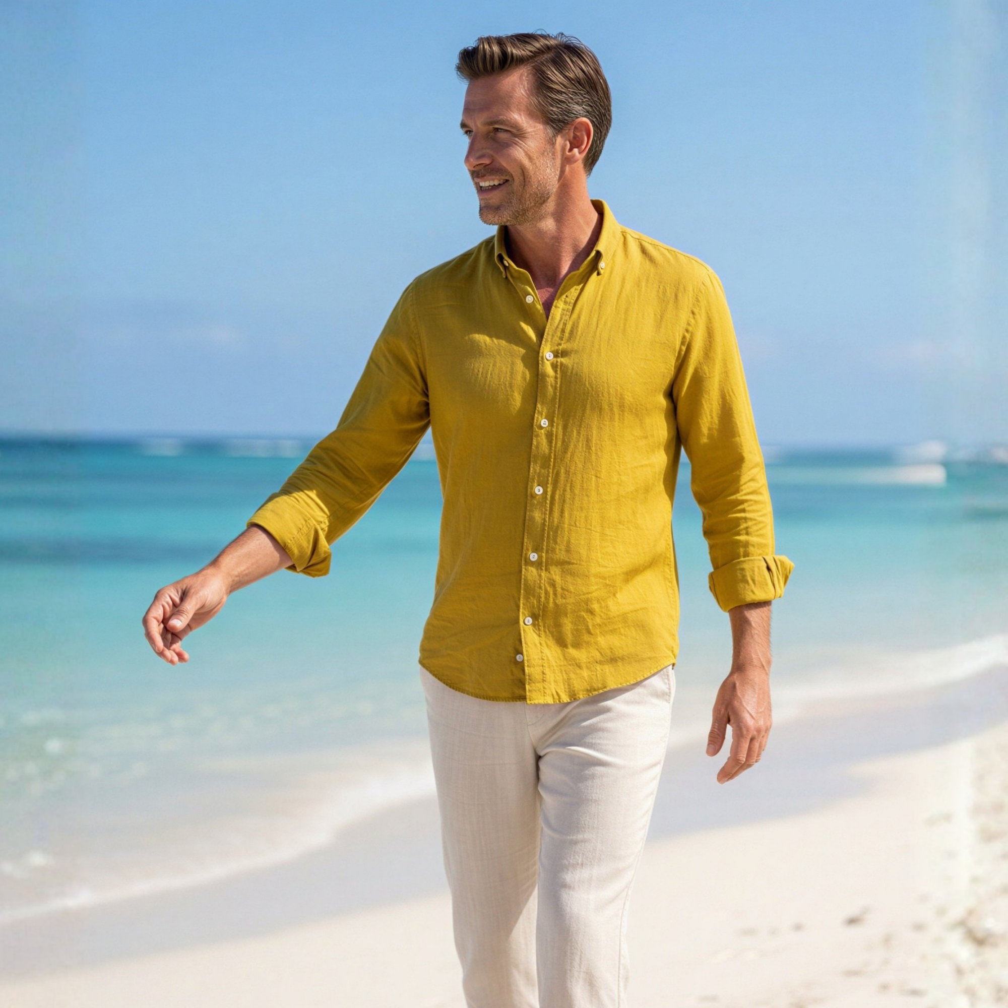 Asit Sarısı %100 Keten Düğmeli Yaka Casual Modern Fit Cepsiz Gömlek