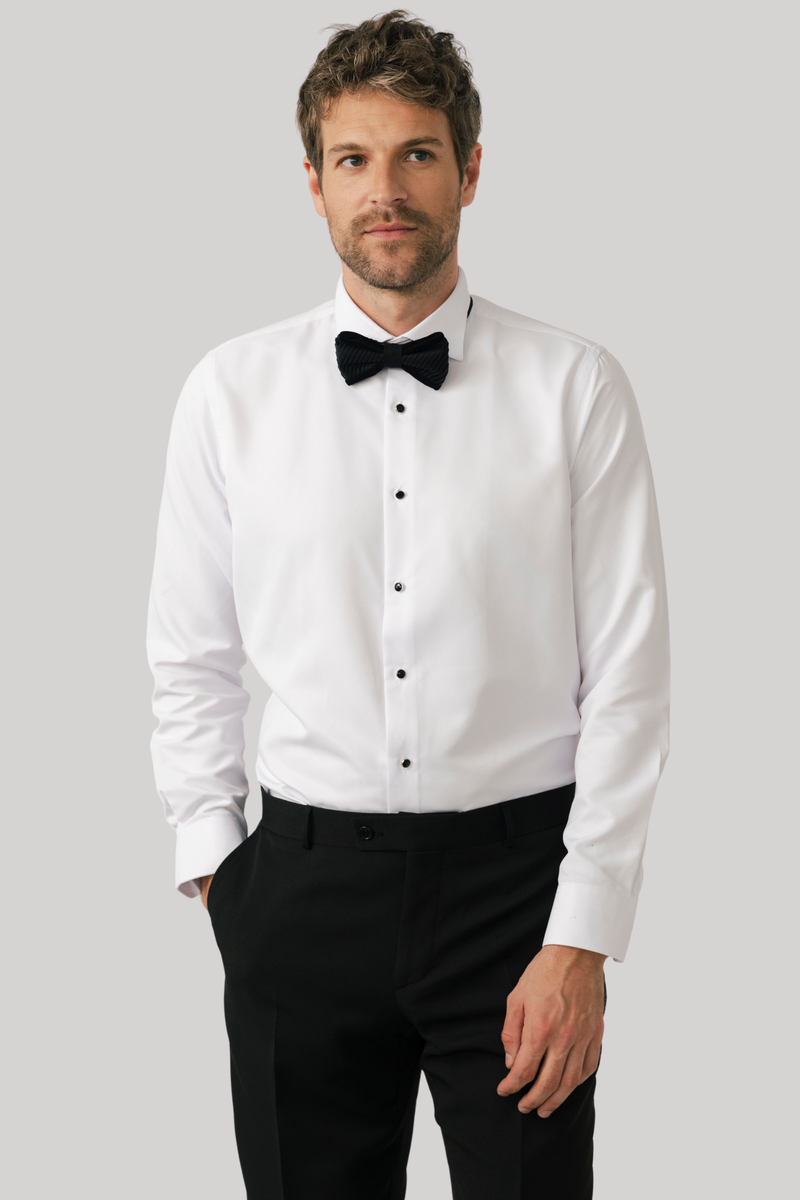Beyaz Damatlık Ata Yaka Ayaklı Düğmeli Modern Fit Duble Manşet Papyon Hediyeli Gömlek
