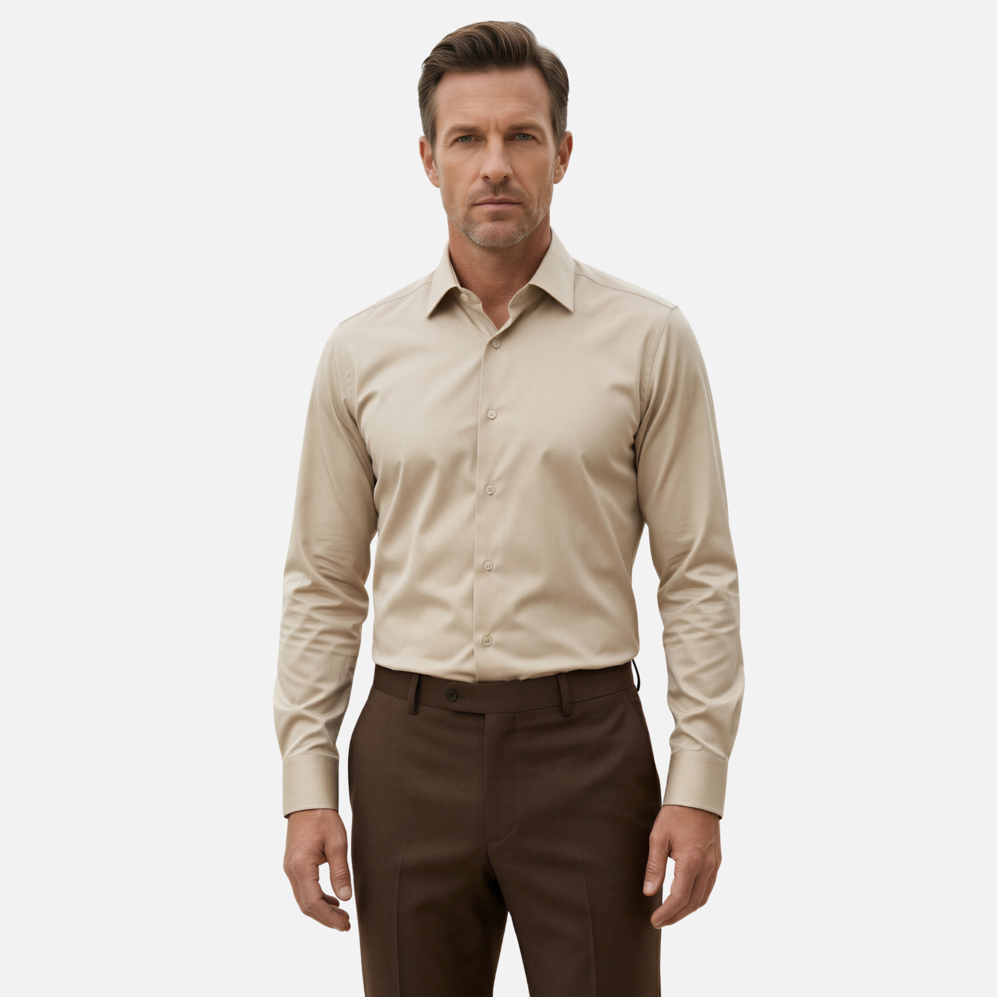 Bej Rengi Pamuk Saten Non-Iron Ütü Istemeyen Casual Cepsiz Fit Gömlek