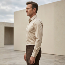 Bej Rengi Pamuk Saten Non-Iron Ütü Istemeyen Casual Cepsiz Fit Gömlek