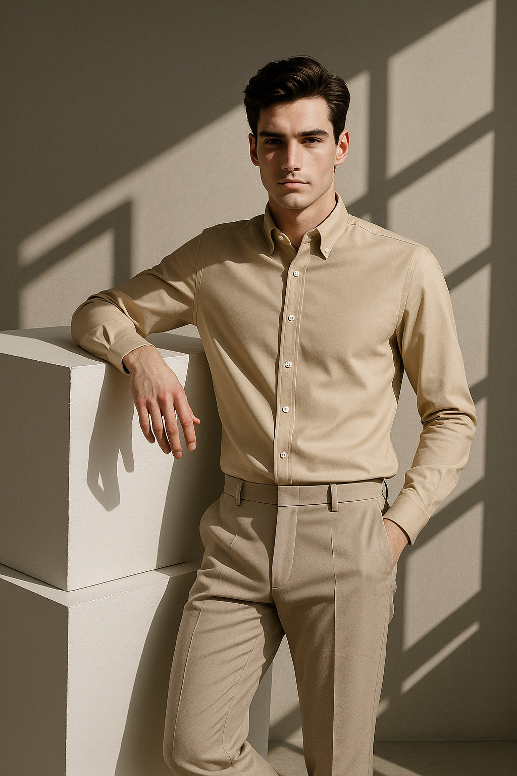 Bej Oxford Düğmeli Yaka Pamuk Likra Slim Fit Casual Cepsiz Gömlek