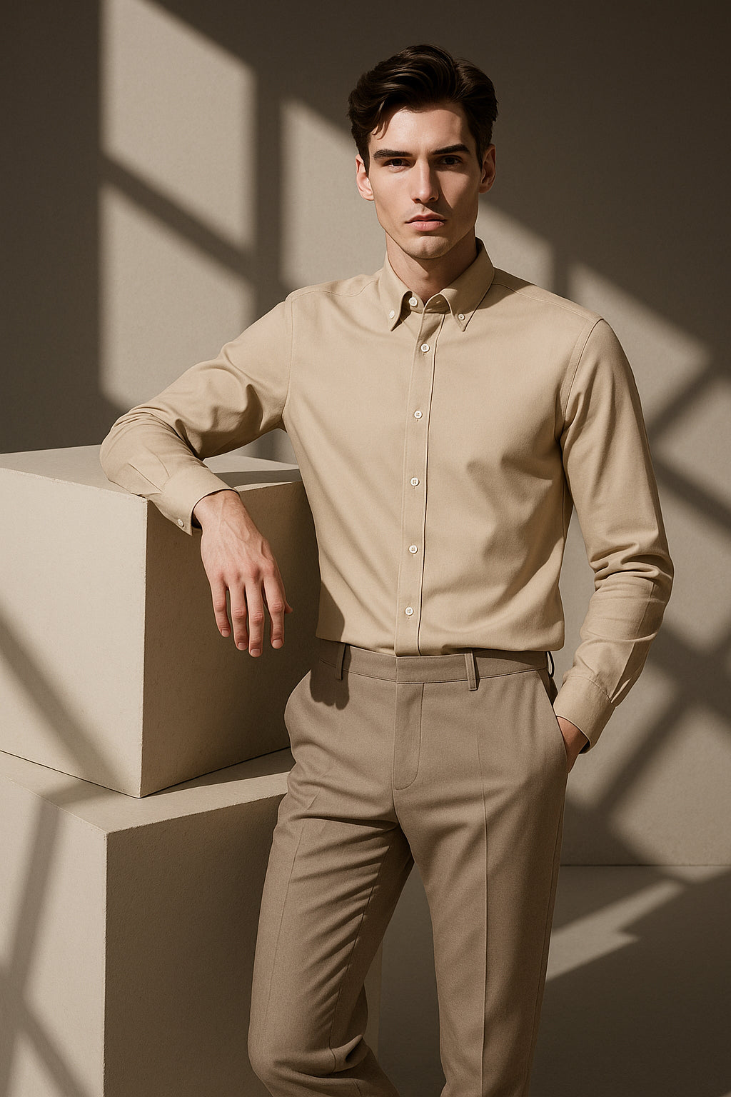 Bej Oxford Düğmeli Yaka Pamuk Likra Slim Fit Casual Cepsiz Gömlek