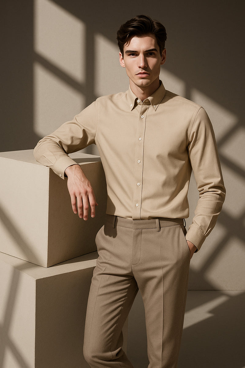 Bej Oxford Düğmeli Yaka Pamuk Likra Slim Fit Casual Cepsiz Gömlek