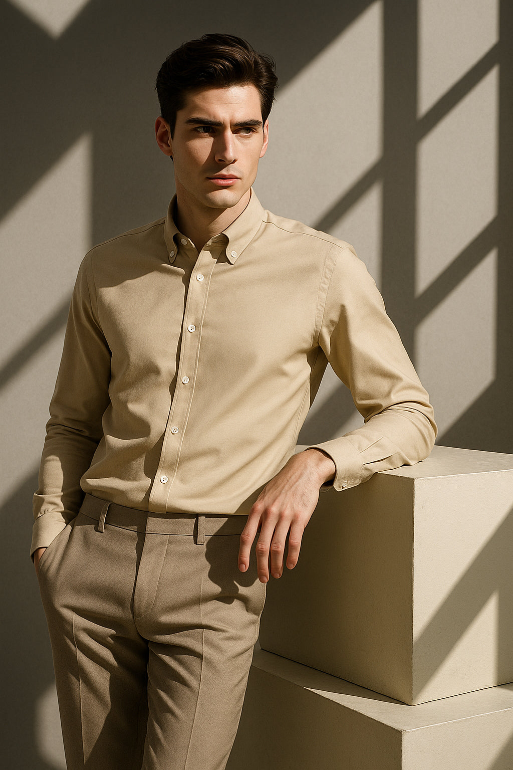Bej Oxford Düğmeli Yaka Pamuk Likra Slim Fit Casual Cepsiz Gömlek