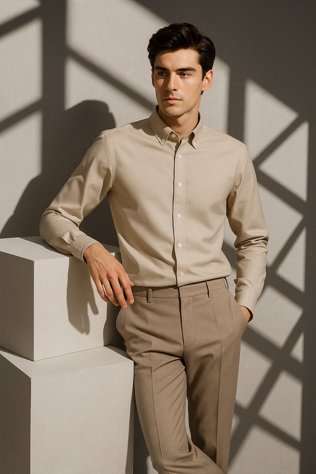 Bej Oxford Düğmeli Yaka Pamuk Likra Slim Fit Casual Cepsiz Gömlek