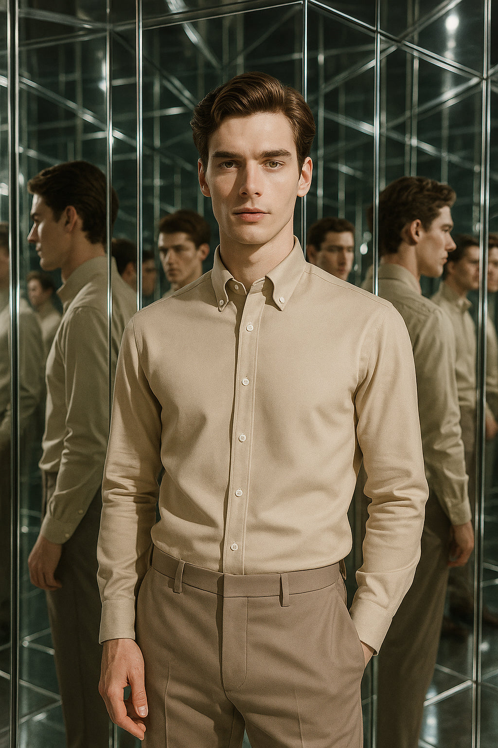 Bej Oxford Düğmeli Yaka Pamuk Likra Slim Fit Casual Cepsiz Gömlek