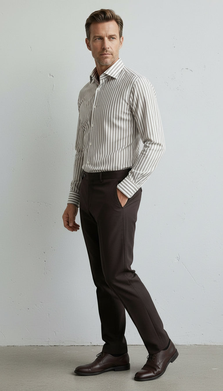 Navy Blue Striped 100% Cotton Satin Easy Iron Modern Fit Long Sleeve Pocketless Shirt