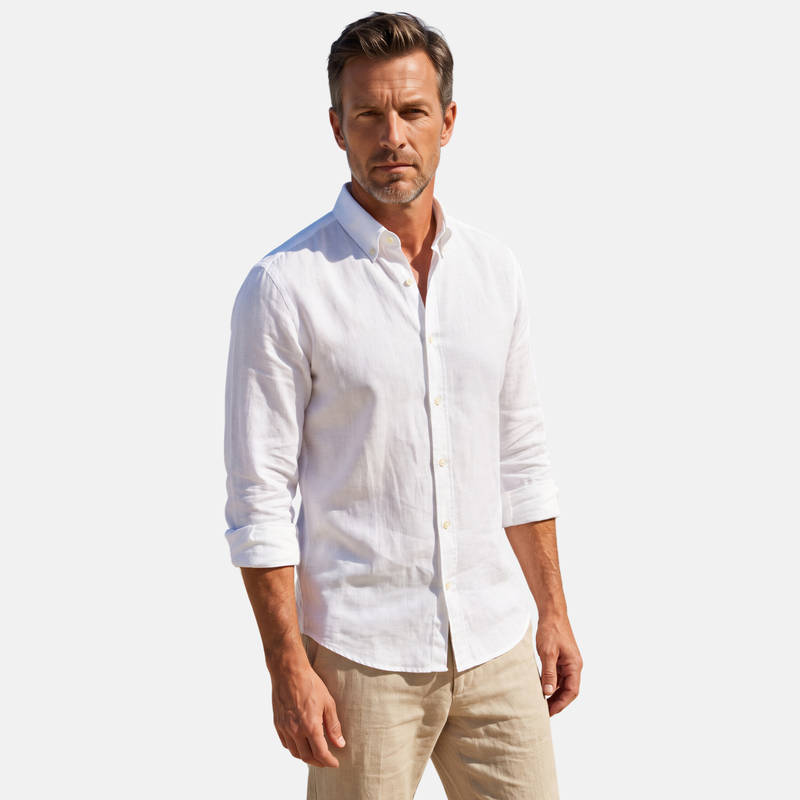 Beyaz %100 Keten Düğmeli Yaka Casual Modern Fit Cepsiz Gömlek