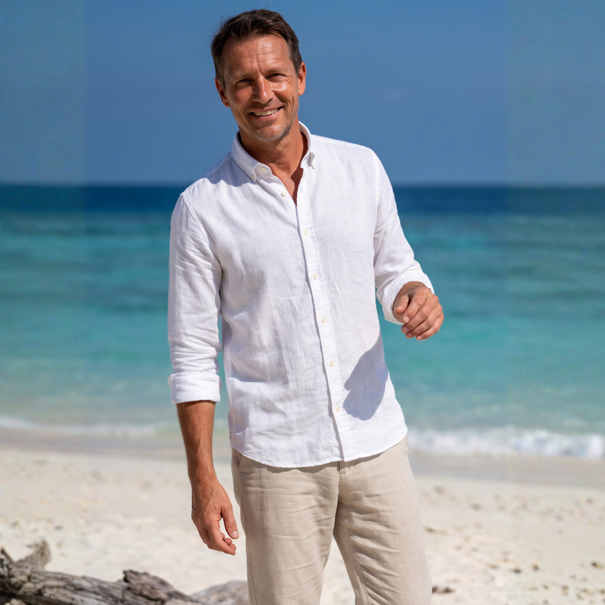 White 100% Linen Button-Down Collar Casual Modern Fit Pocketless Shirt