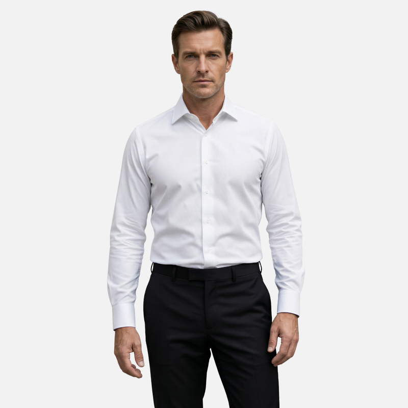 Beyaz Pamuk Saten Non-Iron Ütü İstemeyen Casual Cepsiz Fit Gömlek