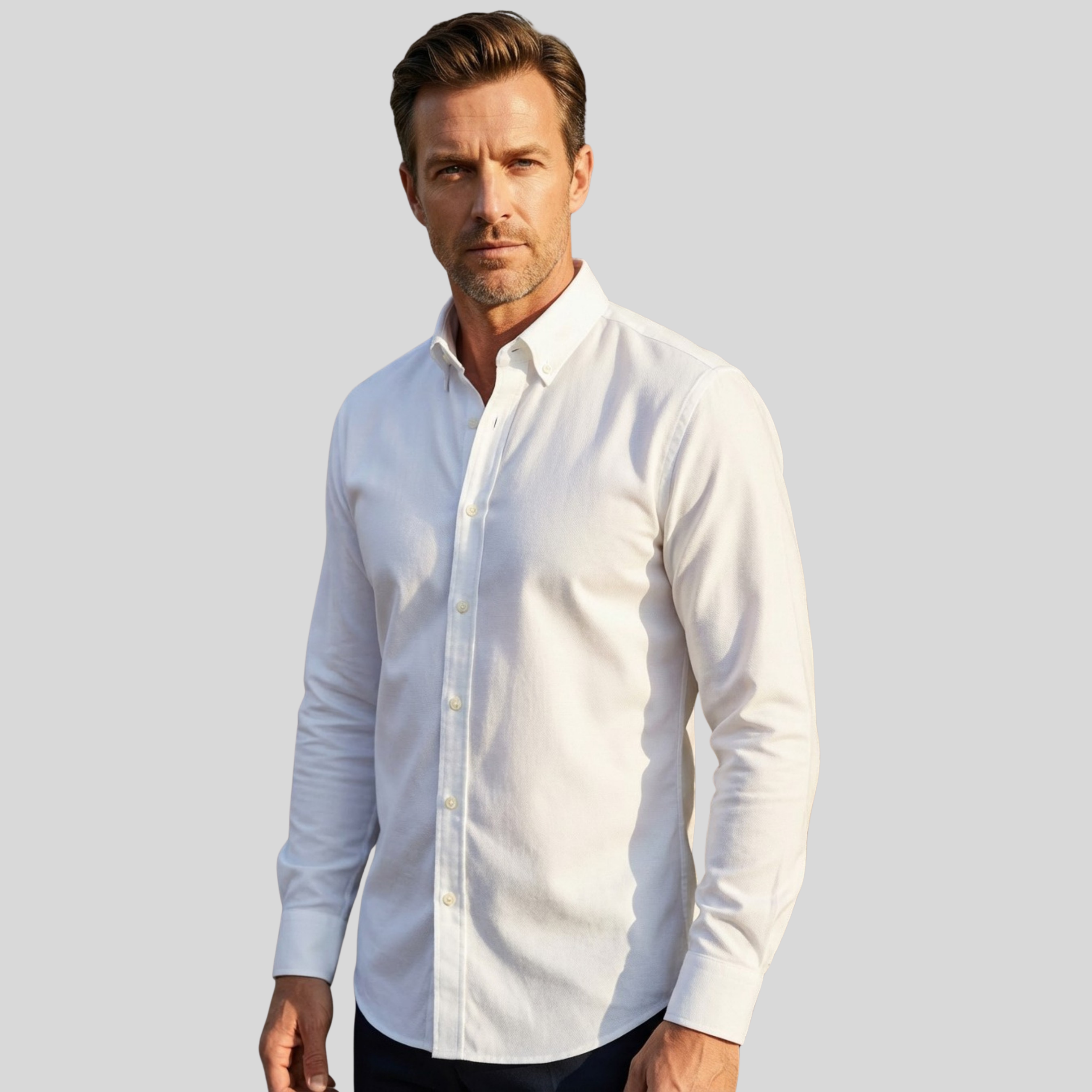Beyaz Oxford Düğmeli Yaka Pamuk Likra Slim Fit Casual Cepsiz Gömlek
