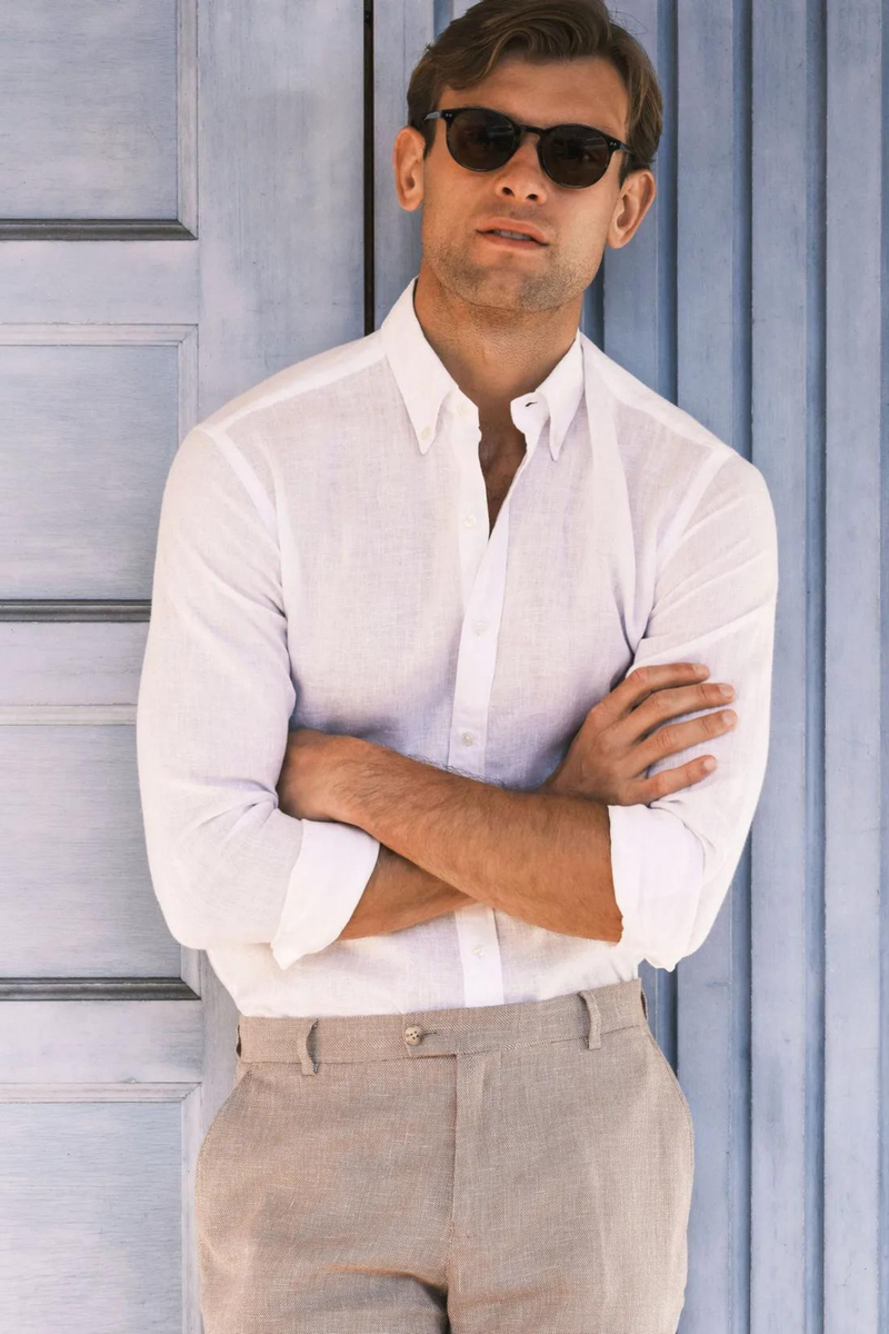 Beyaz %100 Keten Düğmeli Yaka Casual Modern Fit Cepsiz Gömlek