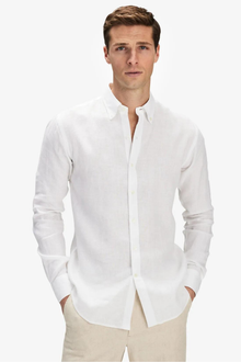 Beyaz %100 Keten Düğmeli Yaka Casual Modern Fit Cepsiz Gömlek