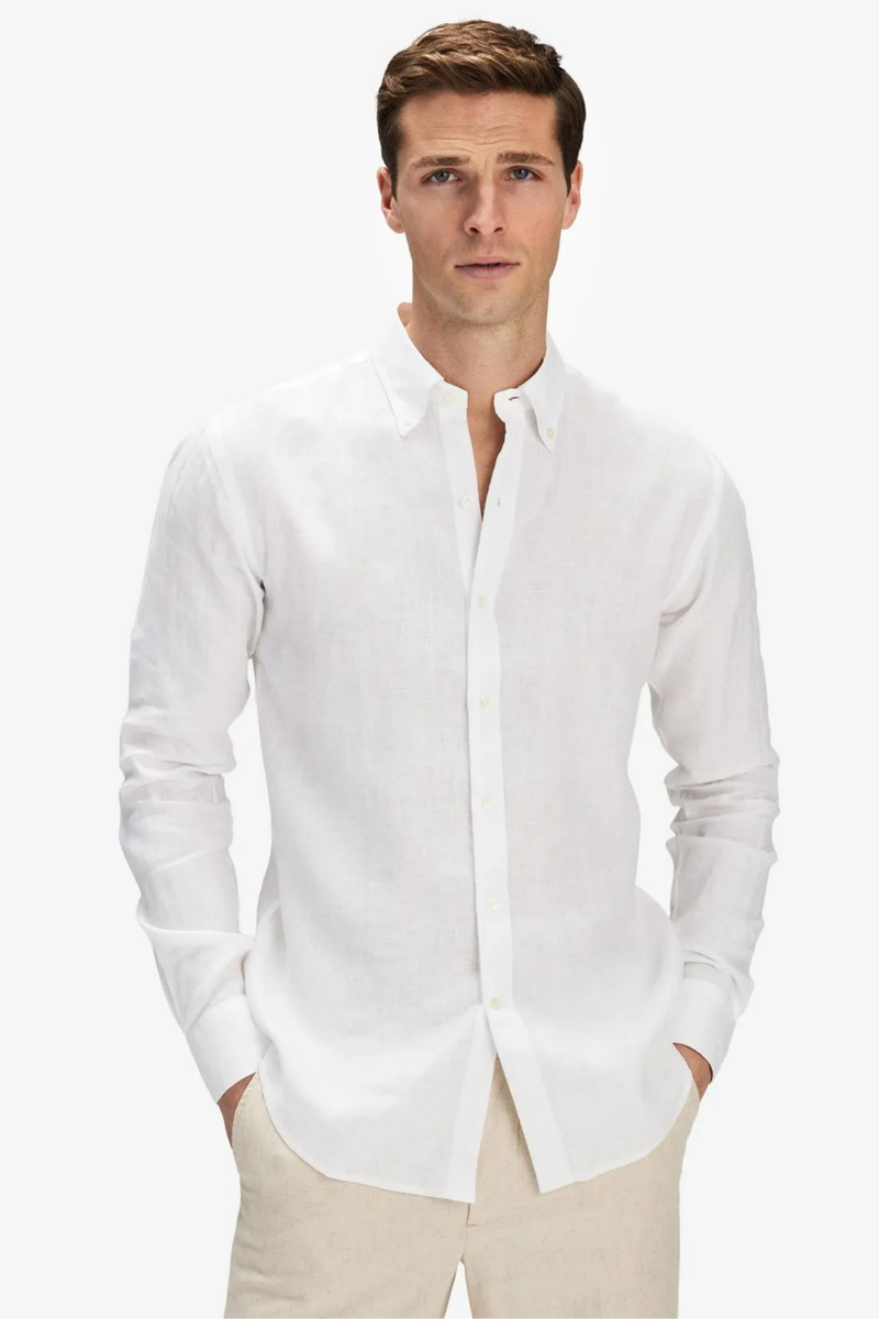 Beyaz %100 Keten Düğmeli Yaka Casual Modern Fit Cepsiz Gömlek