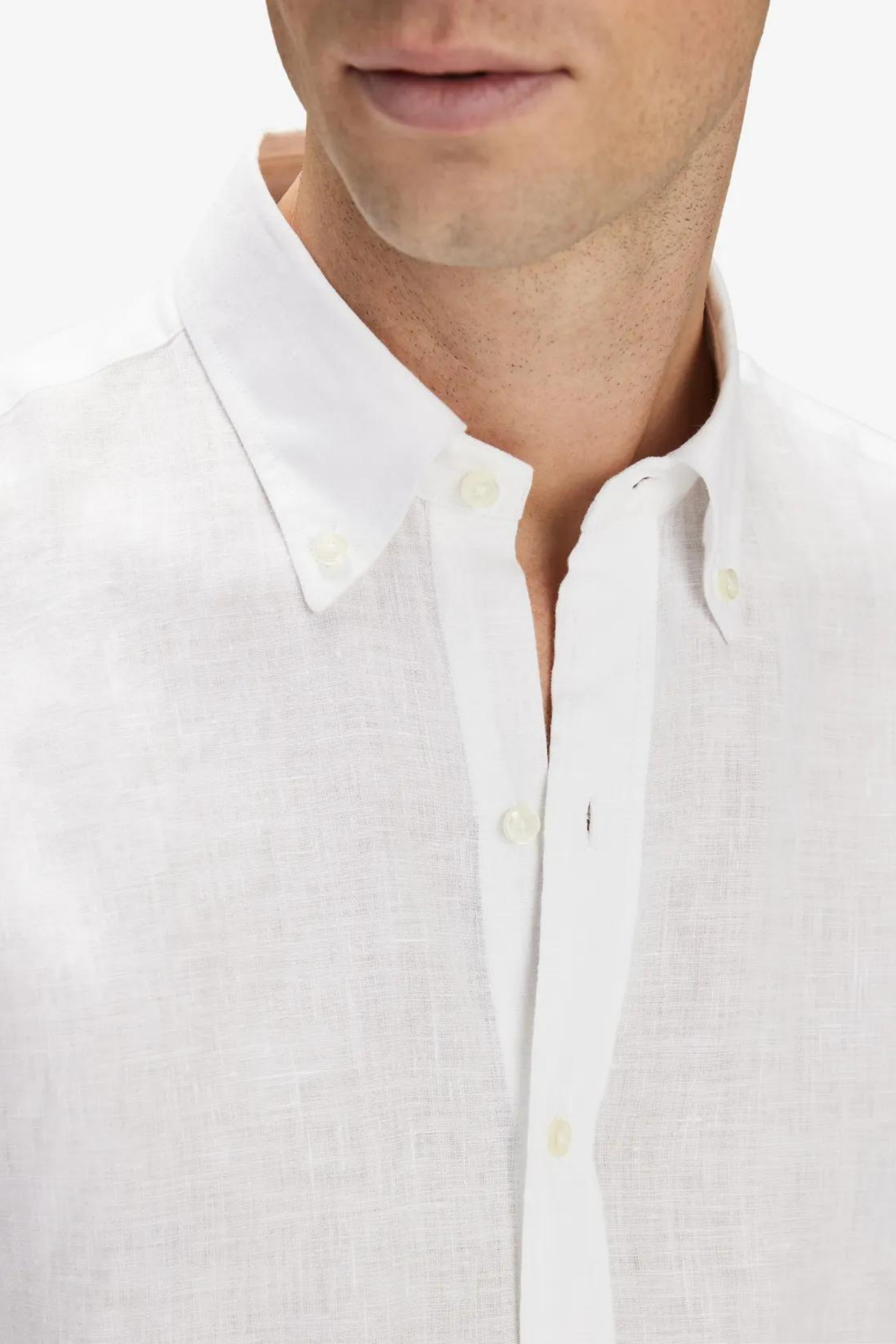 Beyaz %100 Keten Düğmeli Yaka Casual Modern Fit Cepsiz Gömlek