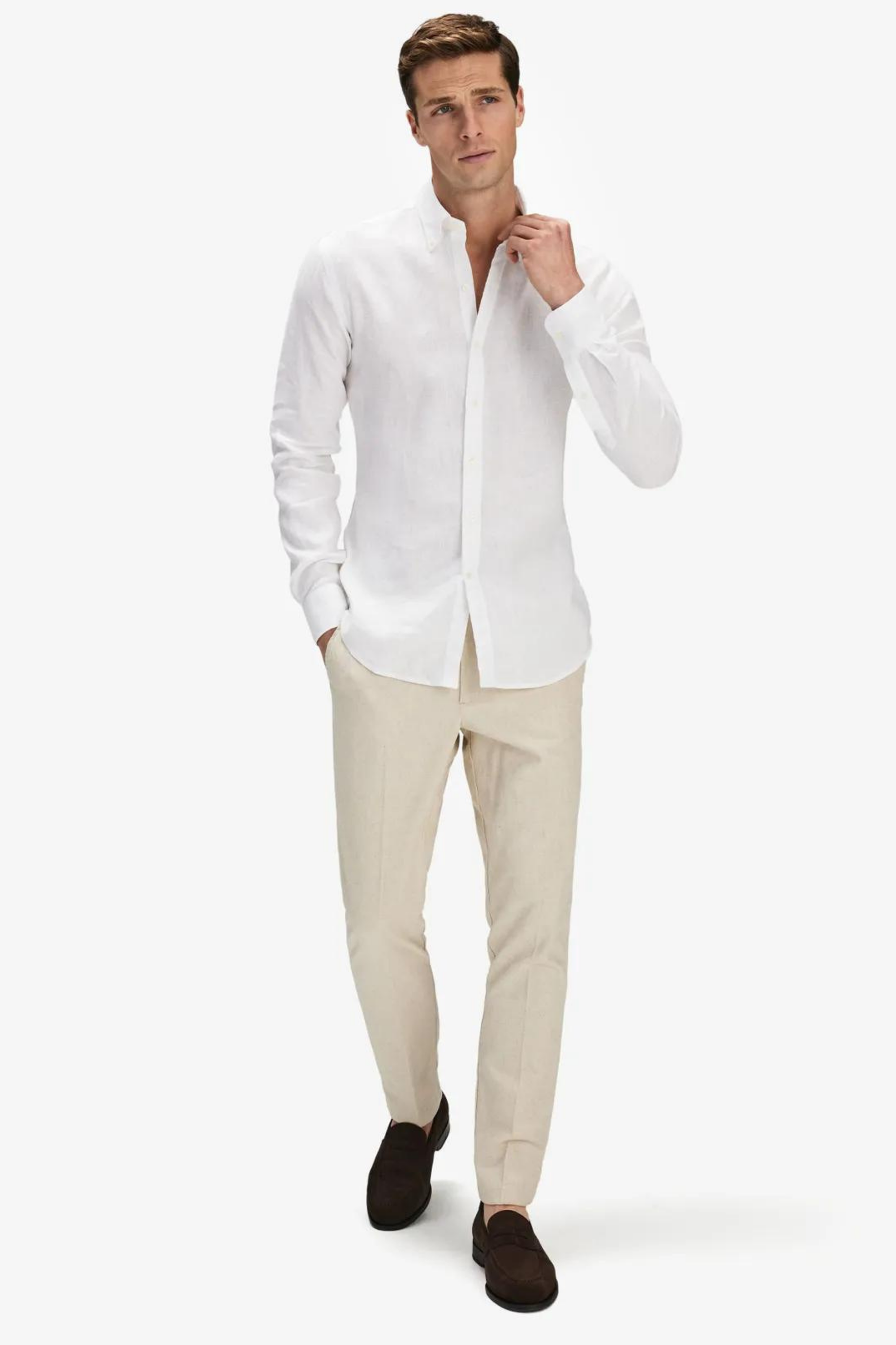 Beyaz %100 Keten Düğmeli Yaka Casual Modern Fit Cepsiz Gömlek