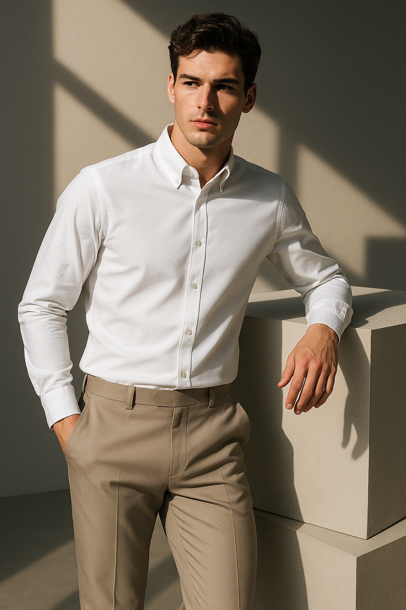 Beyaz Oxford Düğmeli Yaka Pamuk Likra Slim Fit Casual Cepsiz Gömlek
