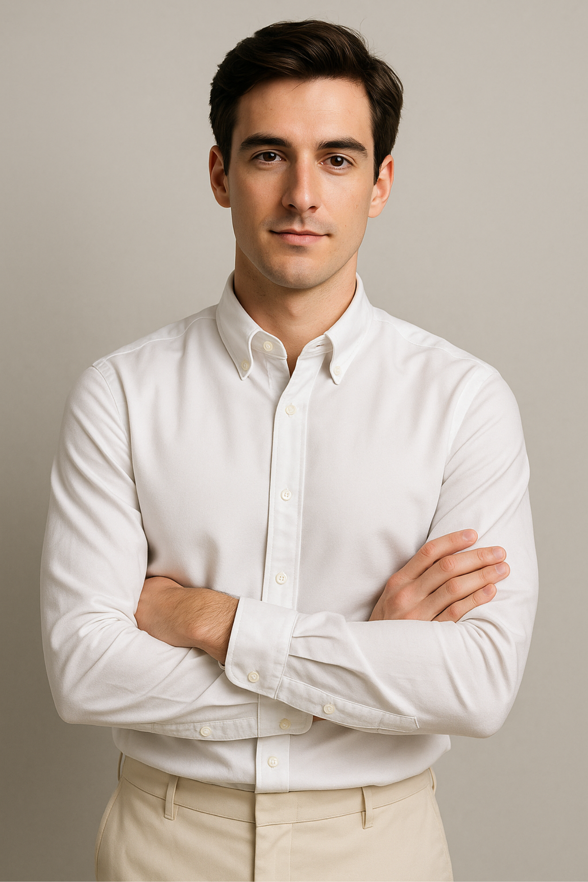Beyaz Oxford Düğmeli Yaka Pamuk Likra Slim Fit Casual Cepsiz Gömlek