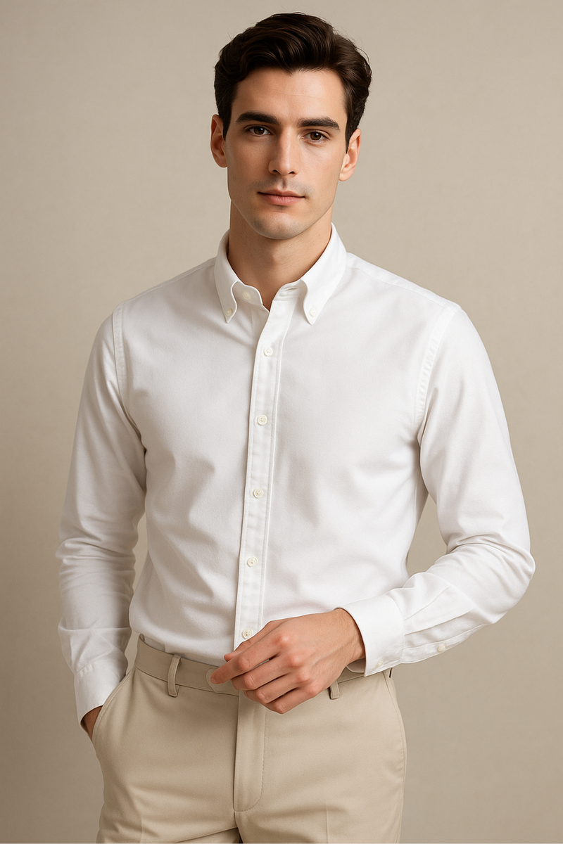 Beyaz Oxford Düğmeli Yaka Pamuk Likra Slim Fit Casual Cepsiz Gömlek