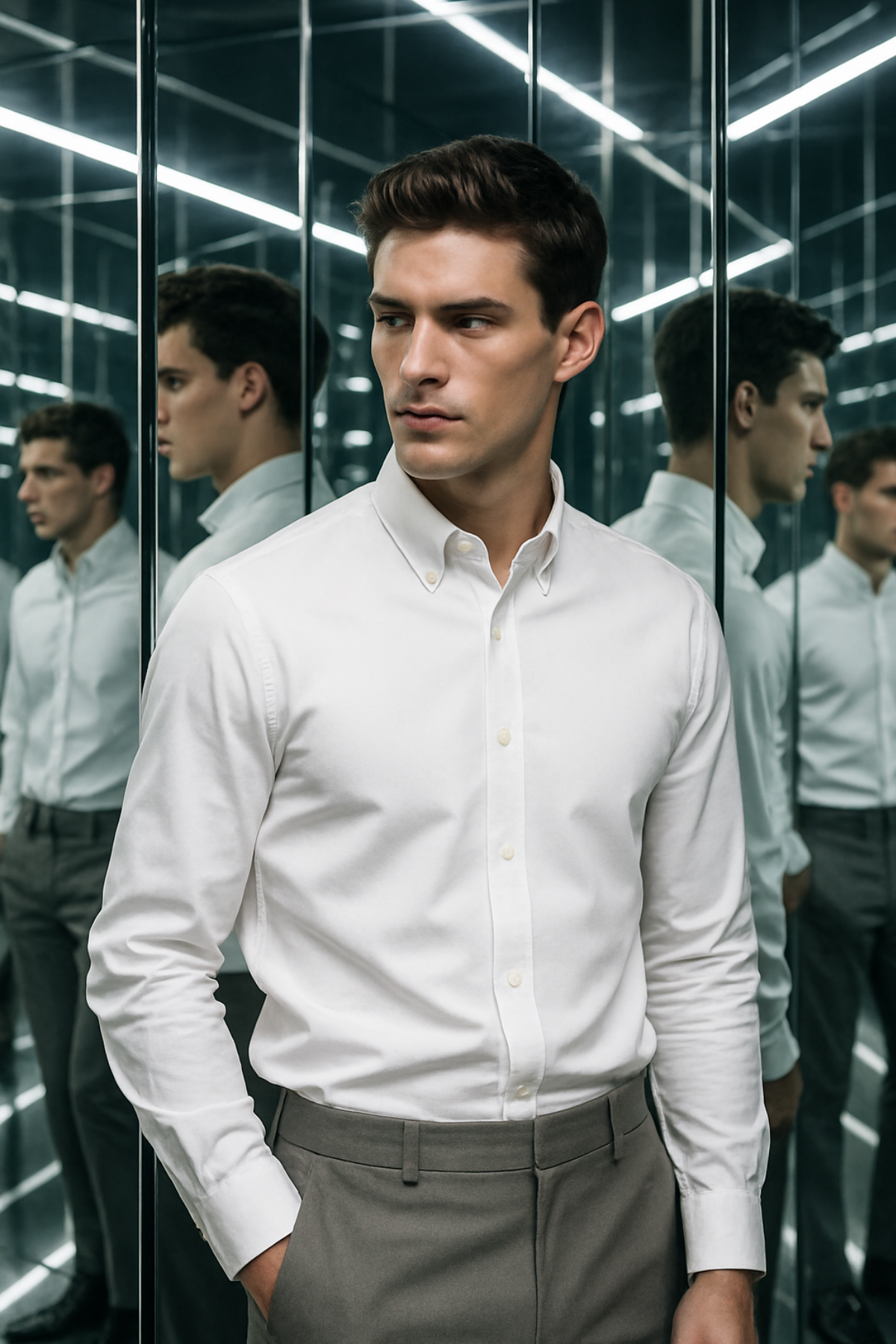 Beyaz Oxford Düğmeli Yaka Pamuk Likra Slim Fit Casual Cepsiz Gömlek