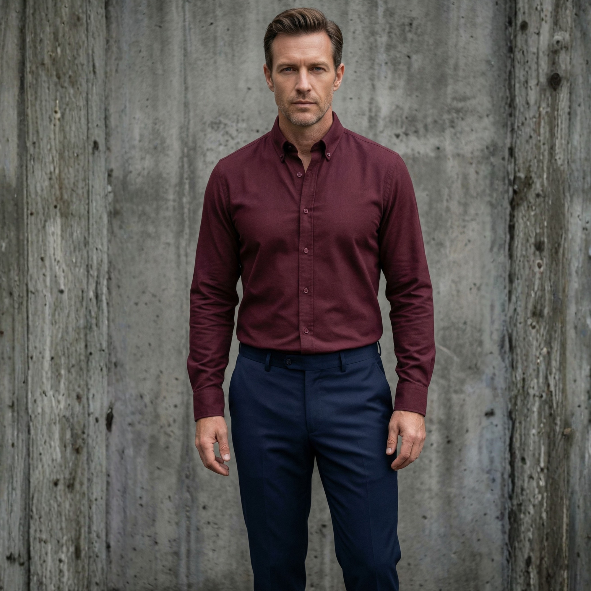 Bordo Oxford Düğmeli Yaka Pamuk Likra Slim Fit Casual Cepsiz Gömlek