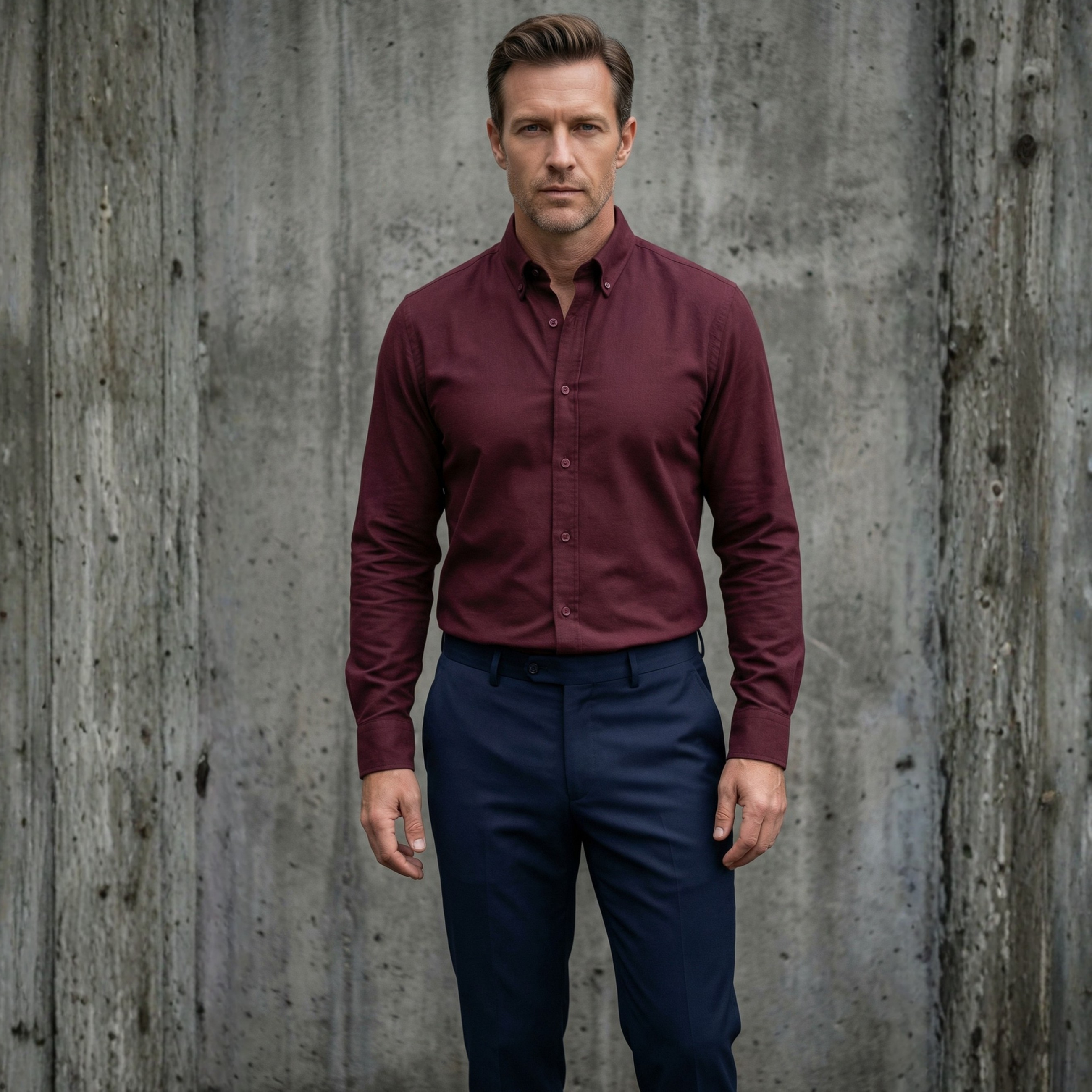 Bordo Oxford Düğmeli Yaka Pamuk Likra Slim Fit Casual Cepsiz Gömlek