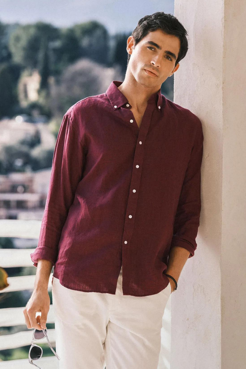 Bordo %100 Keten Düğmeli Yaka Casual Modern Fit Cepsiz Gömlek