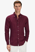 Bordo %100 Keten Düğmeli Yaka Casual Modern Fit Cepsiz Gömlek