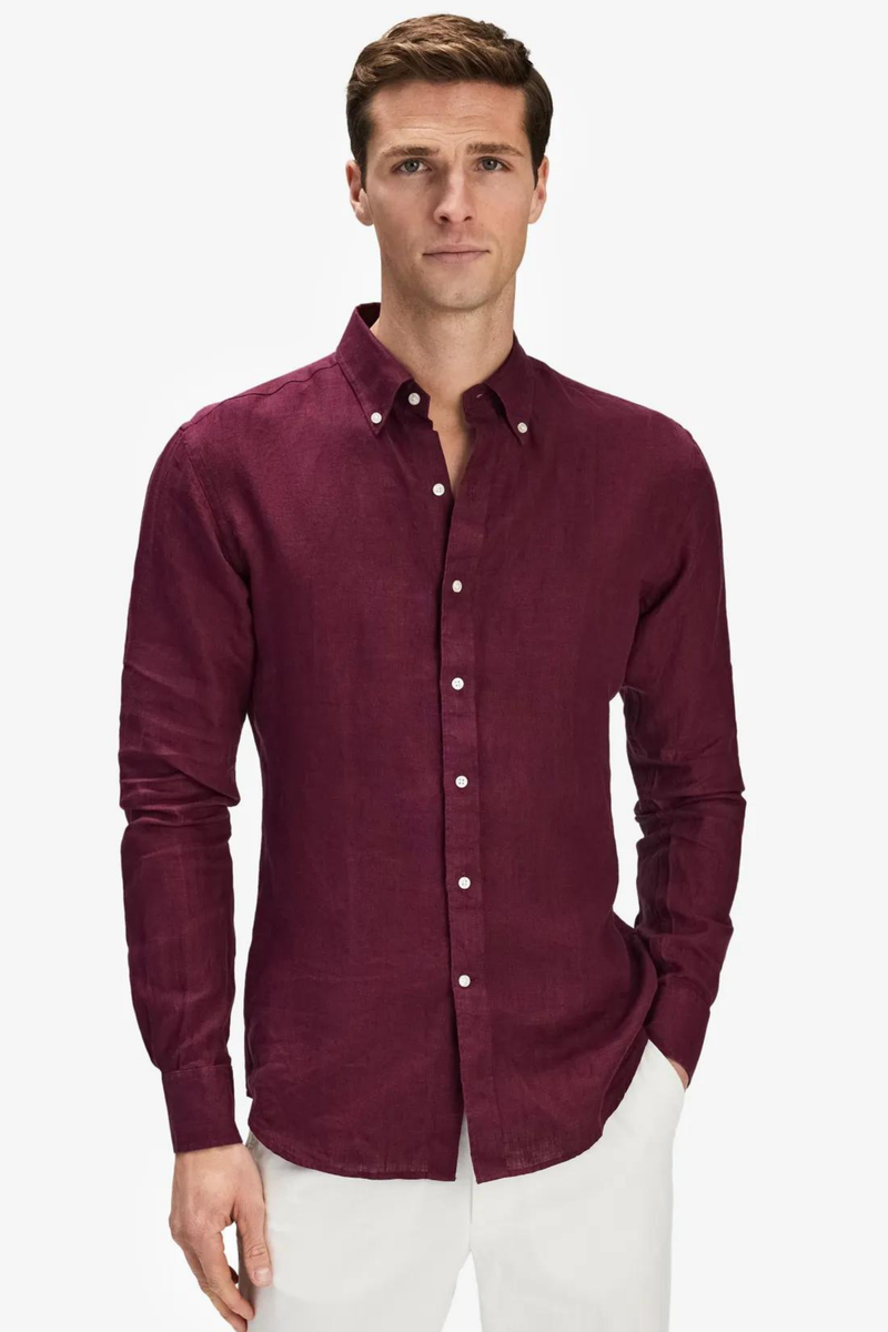 Bordo %100 Keten Düğmeli Yaka Casual Modern Fit Cepsiz Gömlek
