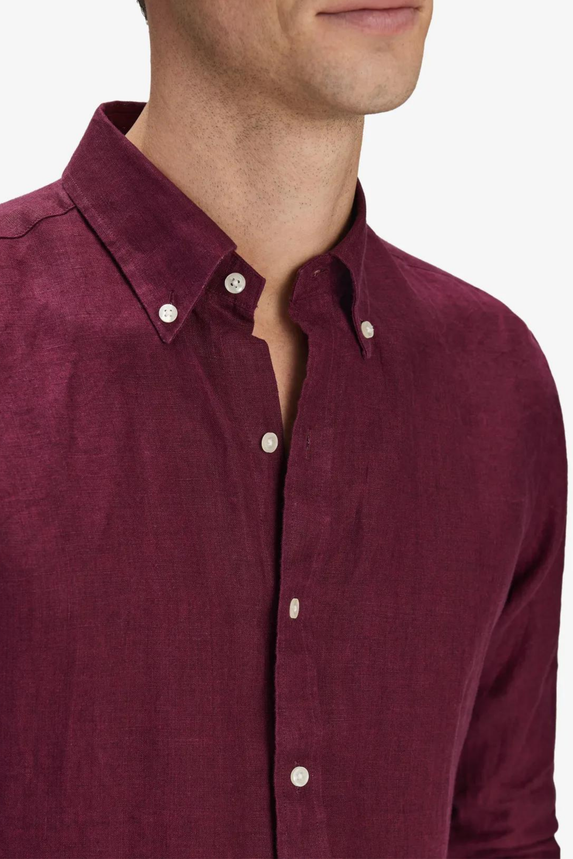 Bordo %100 Keten Düğmeli Yaka Casual Modern Fit Cepsiz Gömlek